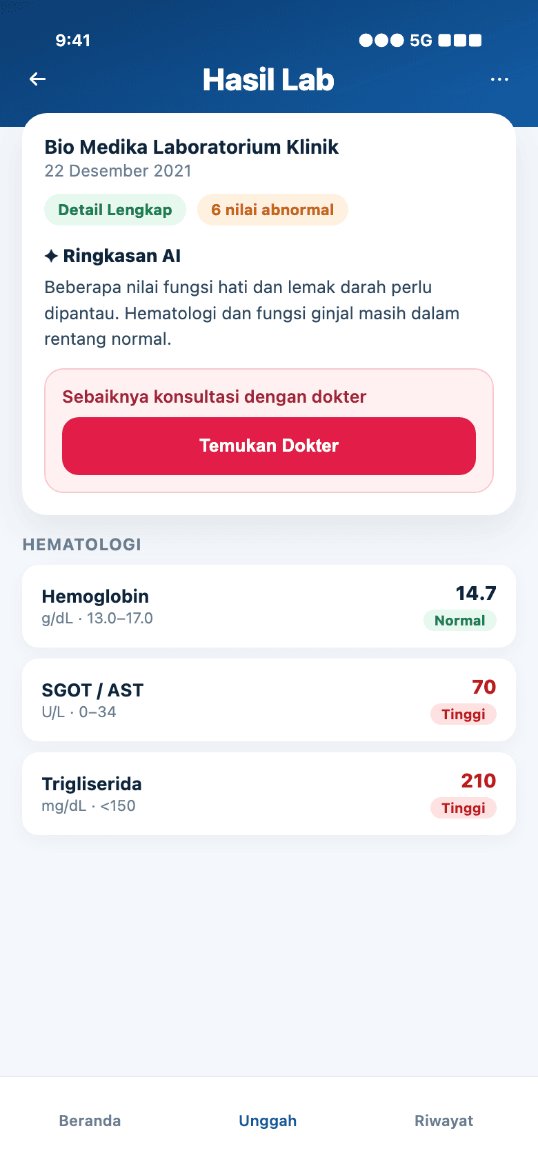 Alocare AI lab results screen with abnormal value highlights