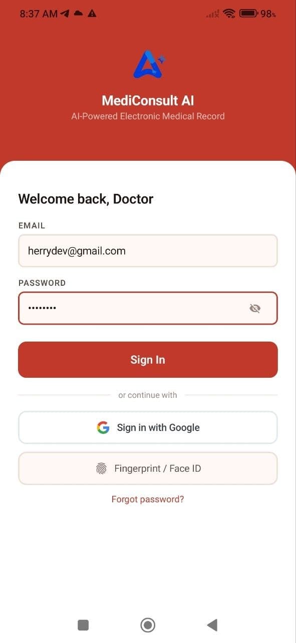 MediConsult AI login screen with email, Google, and biometric options
