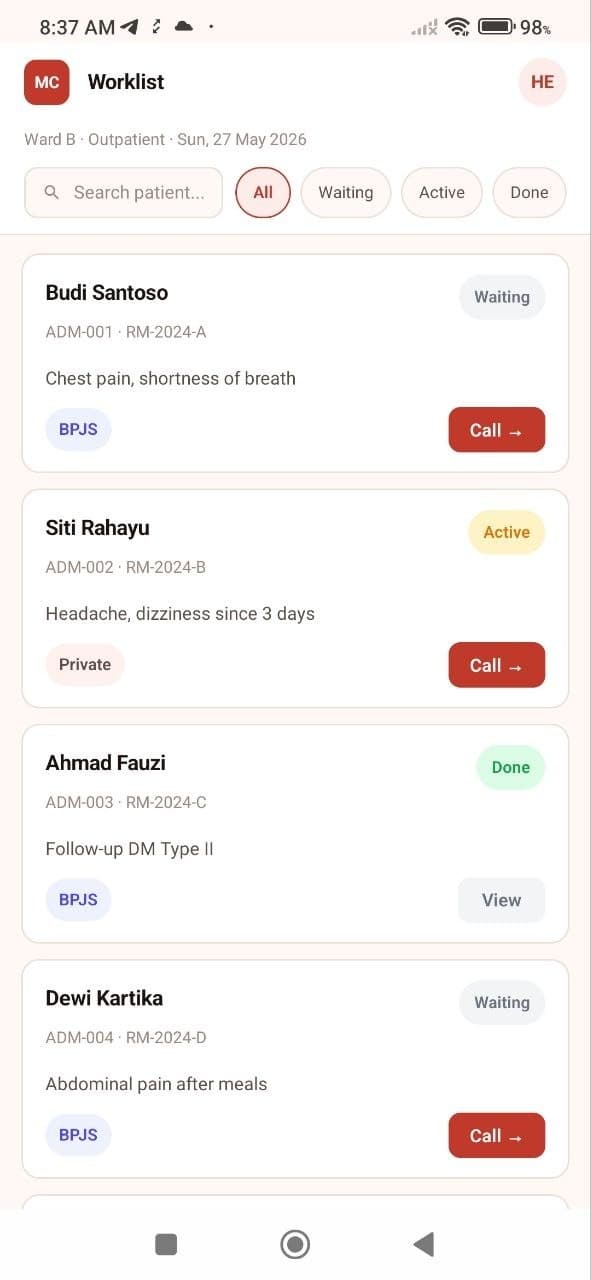 MediConsult AI worklist with patient cards and status filters