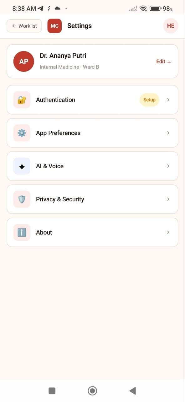 MediConsult AI settings screen with profile and menu options