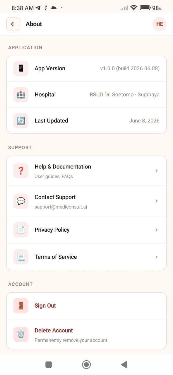 MediConsult AI About screen with Sign Out option