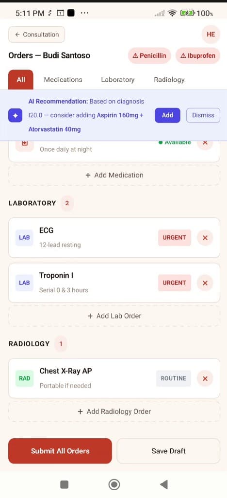 MediConsult AI orders screen with medications, urgent lab tests, Chest X-Ray radiology order, and Add Radiology Order