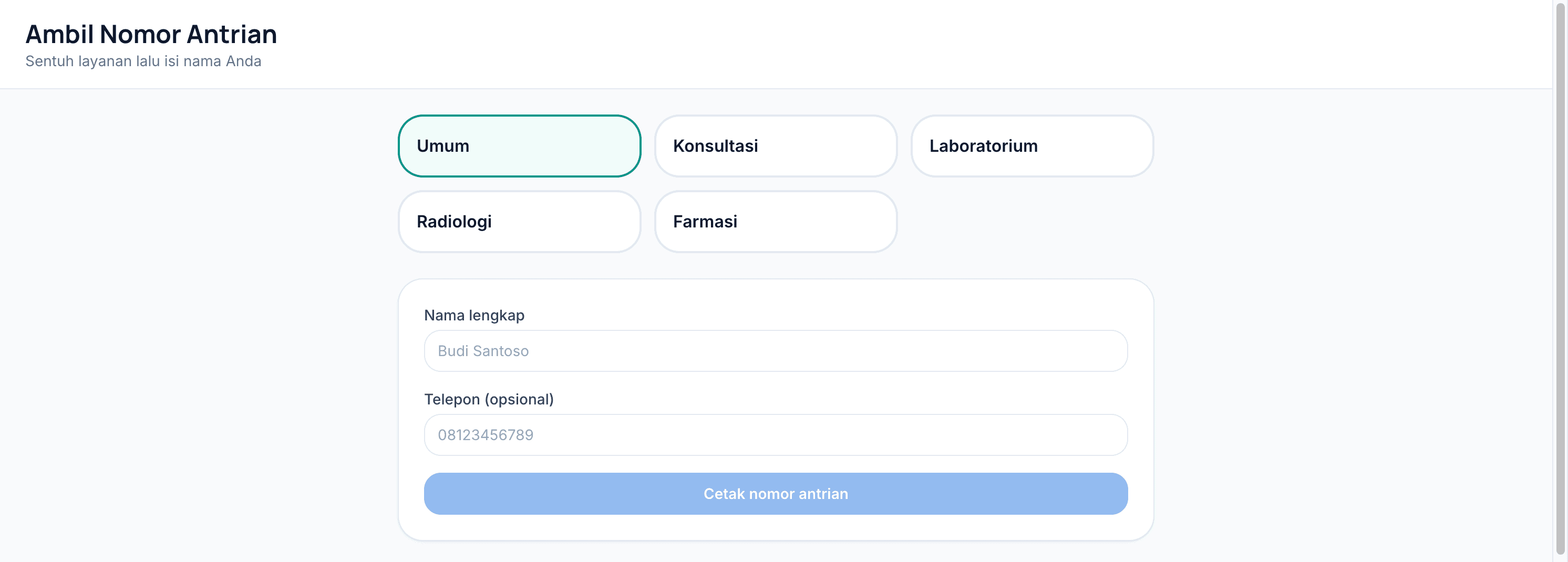 Alocare Queue kiosk with service type buttons and patient name form