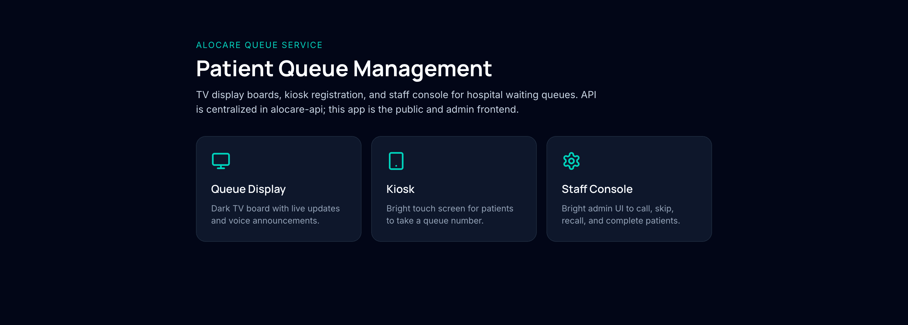 Alocare Queue Service home page with links to display, kiosk, and staff console